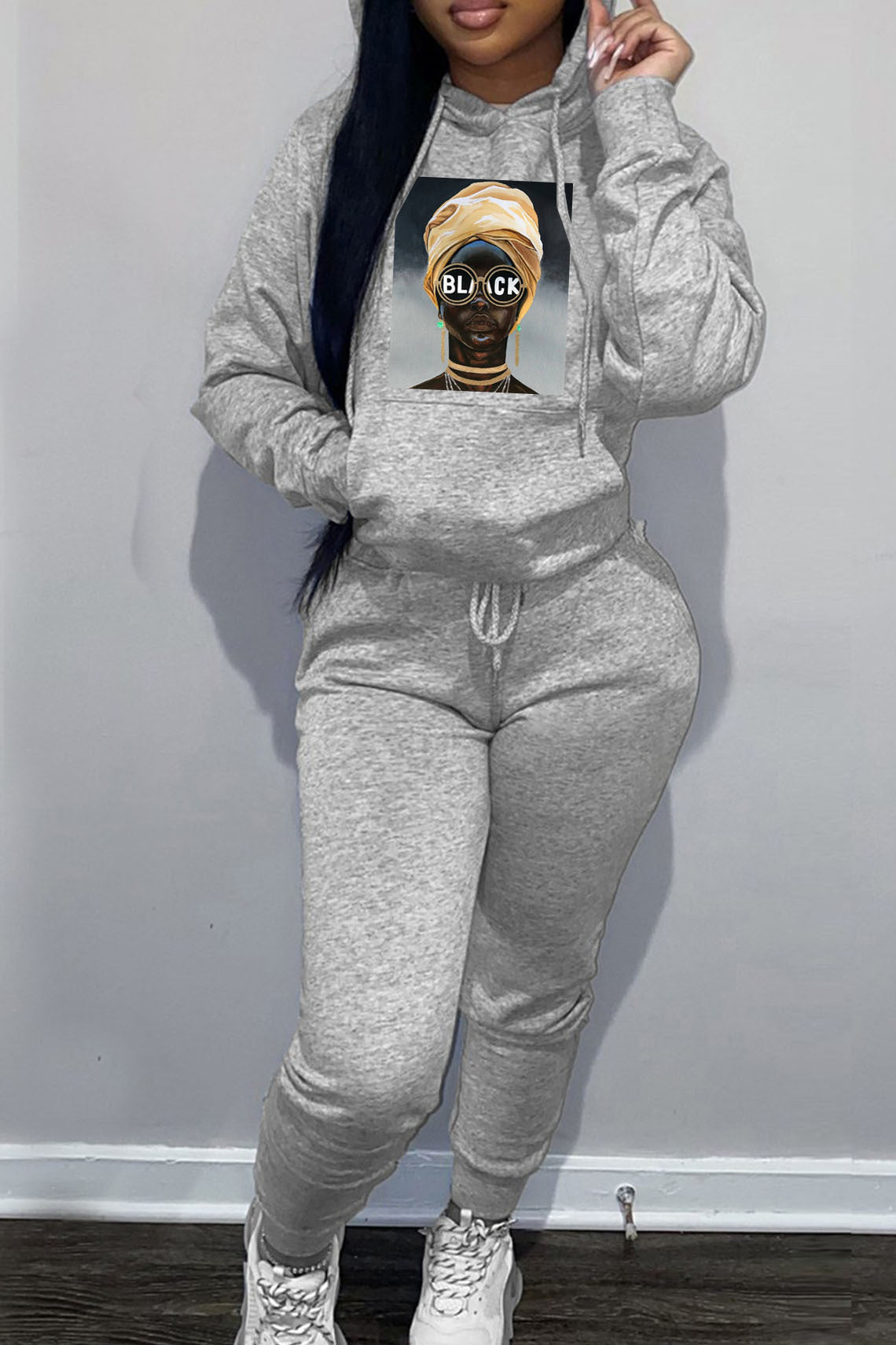 Damen Kapuzenpullover und Jogginghose Set mit kreativem Grafikdruck Fudus