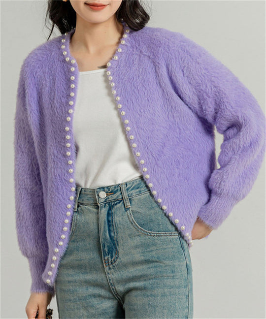 Damen kuschelige Strickjacke mit Perlenverzierung Fudus