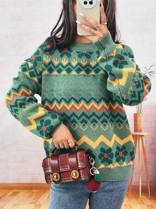Damen Grobstrickpullover mit buntem Zickzackmuster und floralen Akzenten Fudus