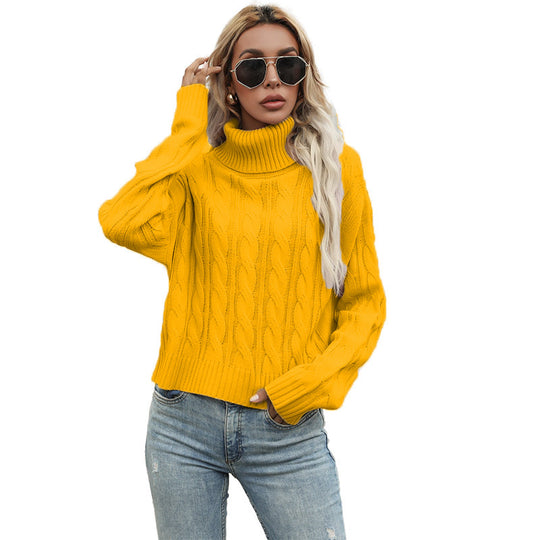 Damen Grobstrickpullover mit hohem Kragen und strukturiertem Zopfmuster Fudus