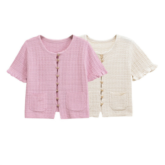 Damen kurzärmeliges Strickoberteil mit Rüschendetails und praktischen Taschen Fudus