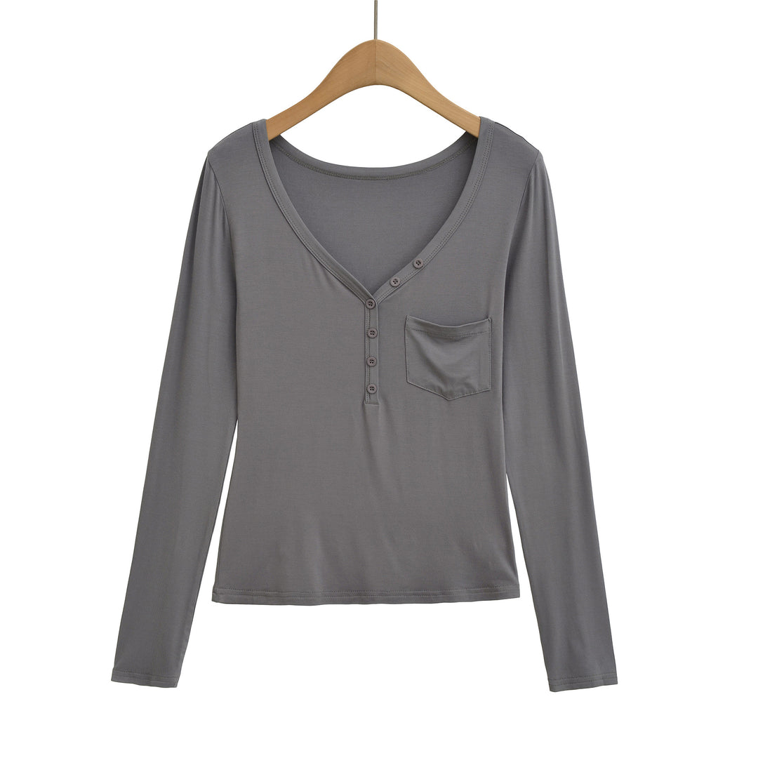 Damen langärmliges Basic-T-Shirt mit Knopfleiste und tiefem V-Ausschnitt Fudus