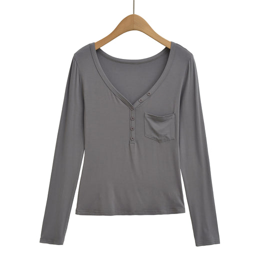 Damen langärmliges Basic-T-Shirt mit Knopfleiste und tiefem V-Ausschnitt Fudus