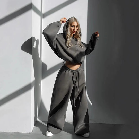 Damen modischer cropped Kapuzenpullover und entspannte Hose Set Fudus