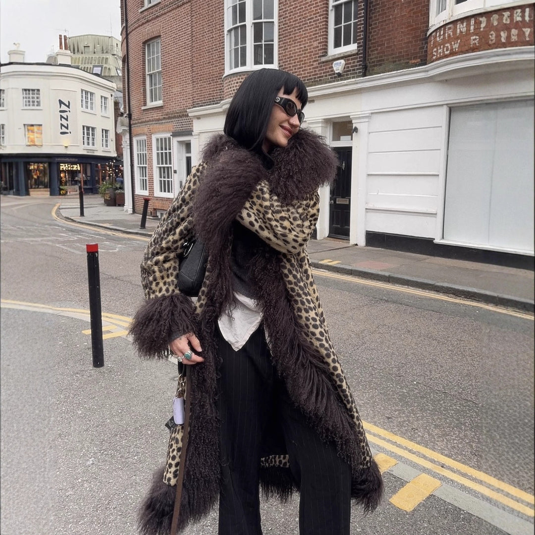 Damen Kunstfellmantel mit Leopardenmuster Fudus