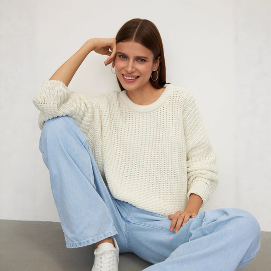 Damen Grobstrickpullover mit lässigem Schnitt und weitem Kragen Fudus