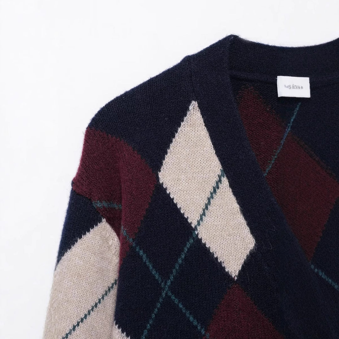 Damen lässige Strickjacke im modernen Rautenmuster mit V-Ausschnitt und Knopfdetails Fudus