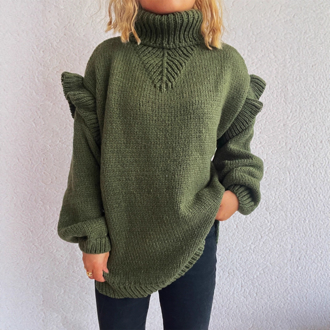 Damen kuscheliger Strickpullover mit Rüschenärmeln und hohem Kragen Fudus