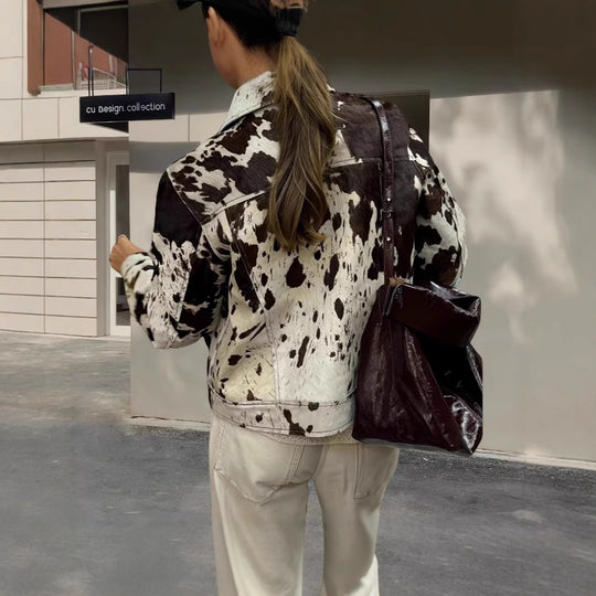 Damen Kunstlederjacke mit auffälligem Tierornament Fudus