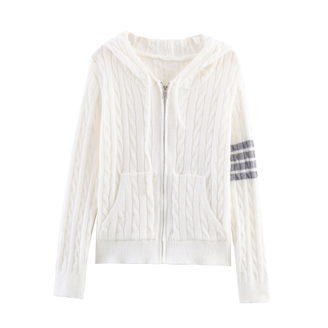 Damen Kapuzenstrickjacke mit Kabelmuster und großen Taschen Fudus