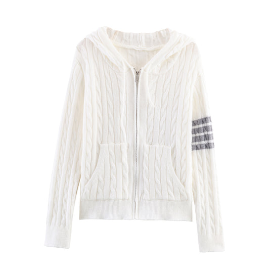 Damen Kapuzenstrickjacke mit Kabelmuster und großen Taschen Fudus