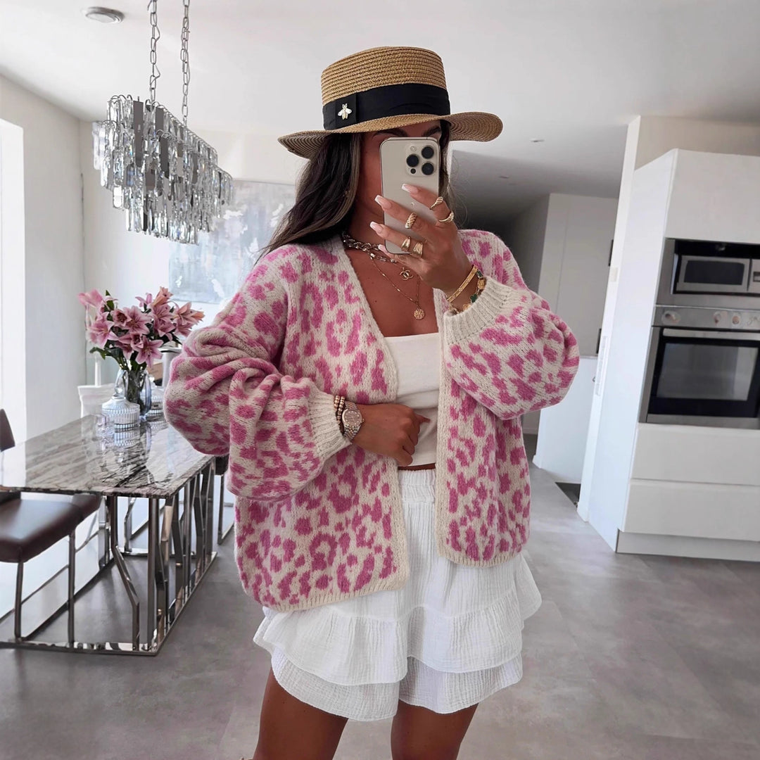 Damen lässige Strickjacke im Leopardenmuster Fudus