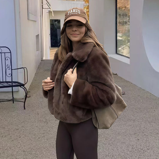 Damen Kunstfelljacke mit elegantem Stehkragen Fudus