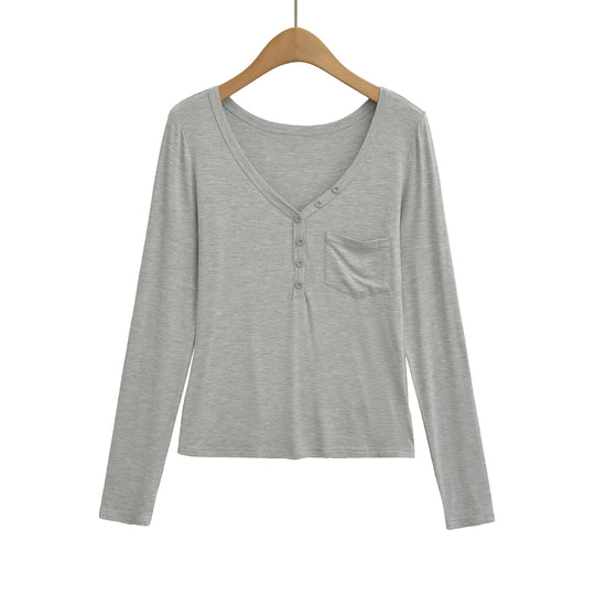 Damen langärmliges Basic-T-Shirt mit Knopfleiste und tiefem V-Ausschnitt Fudus