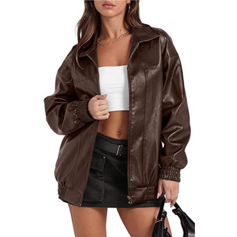 Damen lässige Oversized-Jacke mit elastischen Bündchen und durchgehendem Reißverschluss Fudus