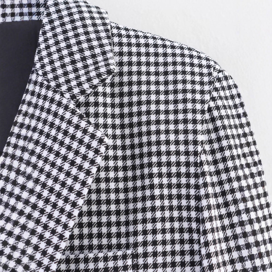 Damen karierter Blazer mit doppelter Knopfleiste und tailliertem Schnitt Fudus