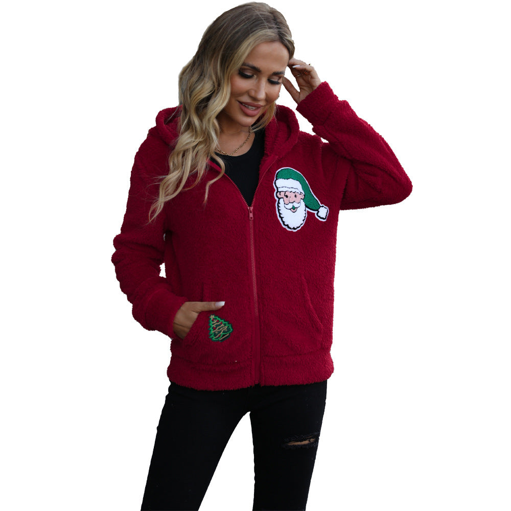 Damen kuschelige Weihnachtsjacke mit Kapuze und festlichem Druck Fudus