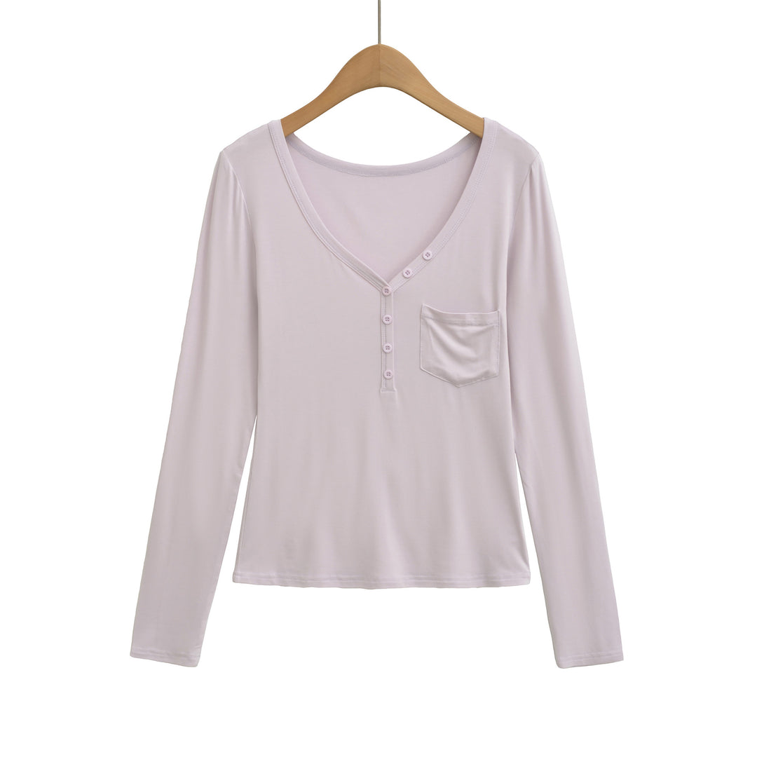 Damen langärmliges Basic-T-Shirt mit Knopfleiste und tiefem V-Ausschnitt Fudus