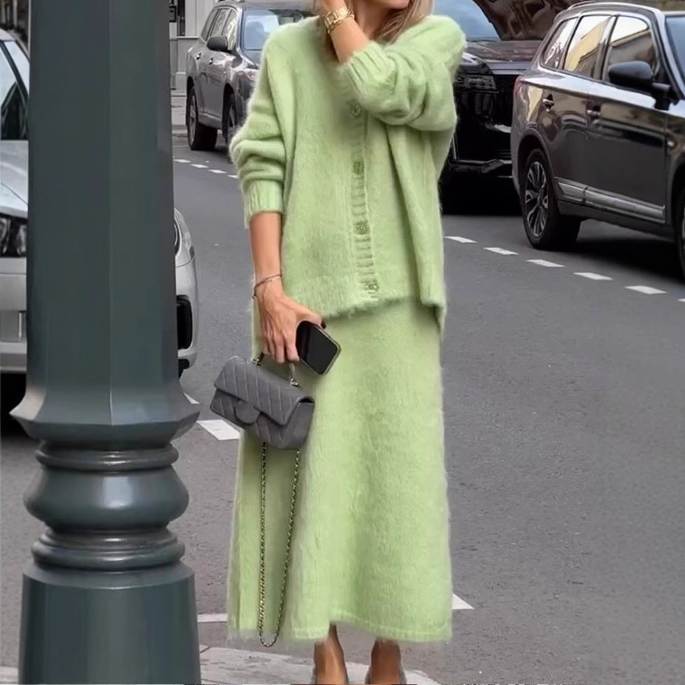 Damen kuschelige Strickjacke und Wadenlanger Rock Set Fudus