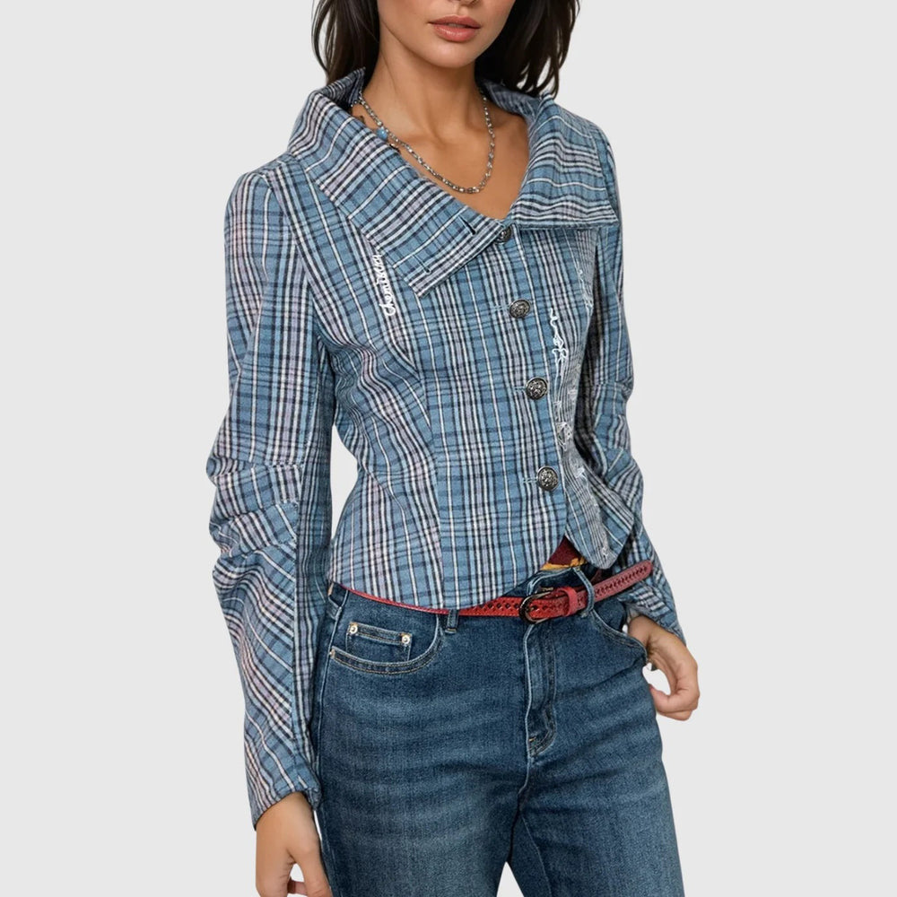 Damen Karierte Cropped Jacke Fudus