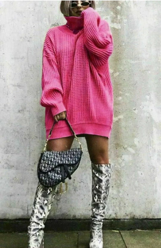 Damen Grobstrickpullover mit hohem Kragen und lockerem Schnitt Fudus