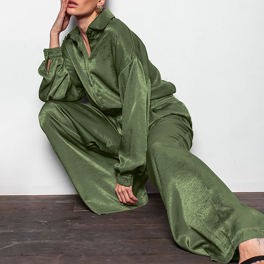 Damen Satin Blusen Und Hosen Set Mit Weitem Schnitt Und Modernen Details