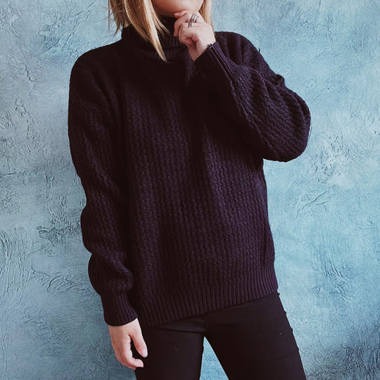 Damen Grobstrickpullover mit strukturiertem Muster und hohem Kragen Fudus