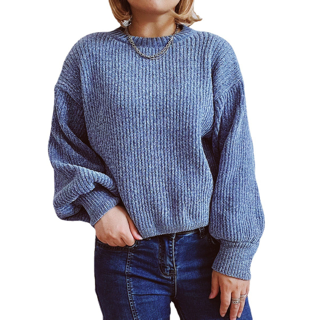 Damen Grobstrickpullover mit romantischem Rippenmuster und weiten Ärmeln Fudus