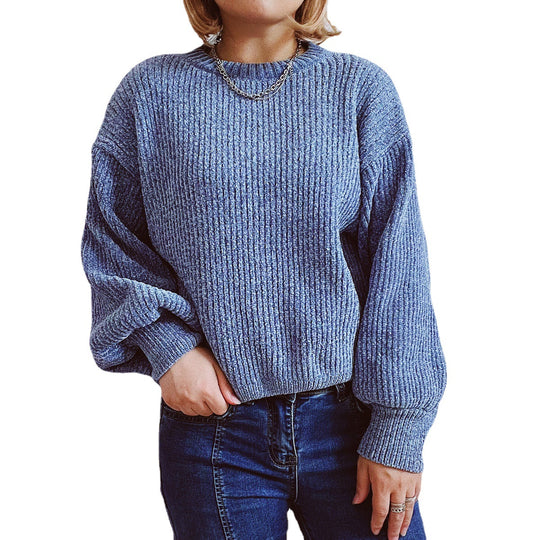 Damen Grobstrickpullover mit romantischem Rippenmuster und weiten Ärmeln Fudus