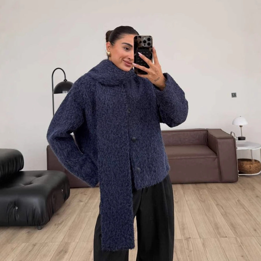 Damen kuschelige Oversized-Jacke mit hohem Kragen und Button-Details Fudus