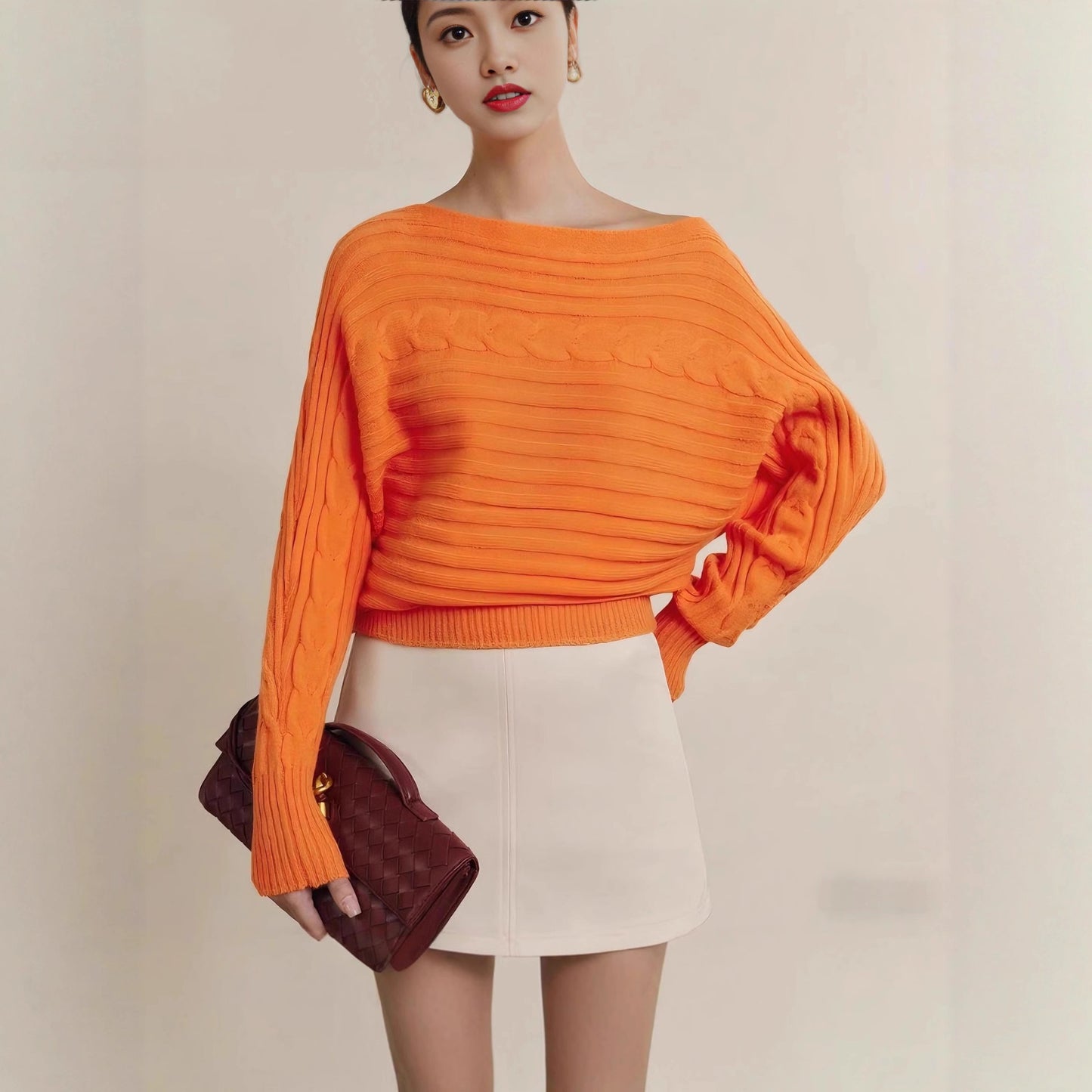 Damen Hübscher, lässiger Strickpullover mit breiten Ärmeln Fudus