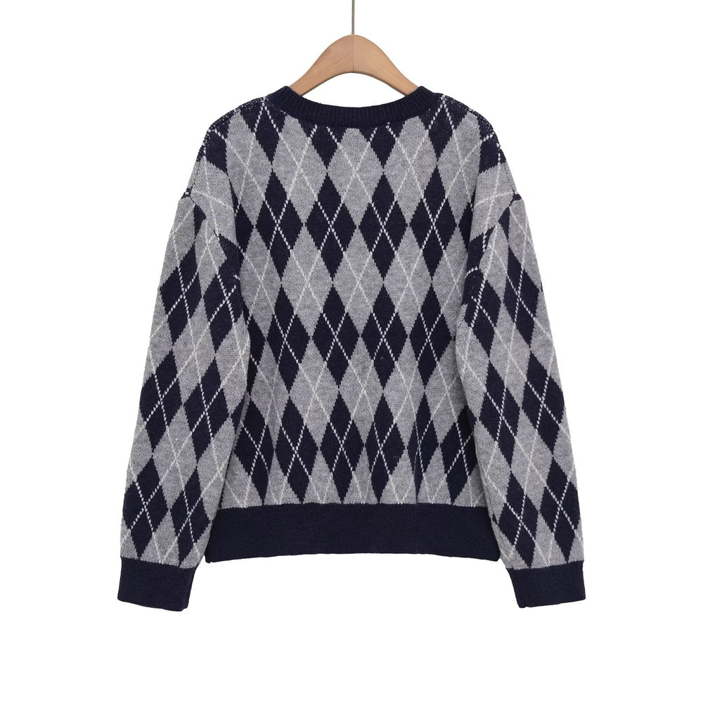 Damen klassischer V-Ausschnitt Pullover im Rautenmuster Fudus