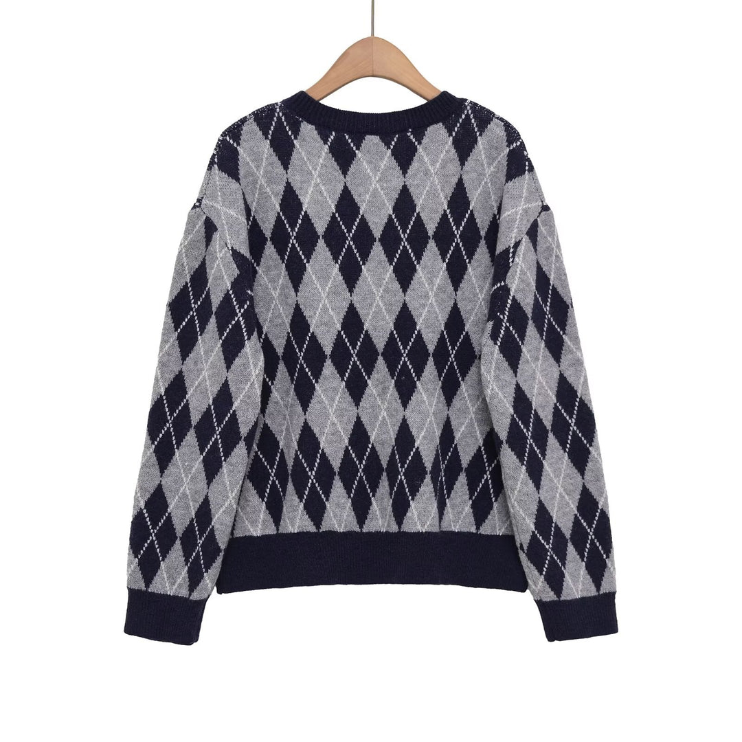 Damen klassischer V-Ausschnitt Pullover im Rautenmuster Fudus