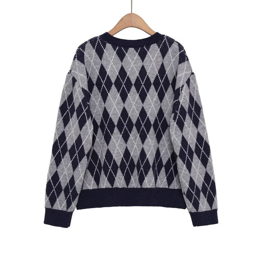 Damen klassischer V-Ausschnitt Pullover im Rautenmuster Fudus