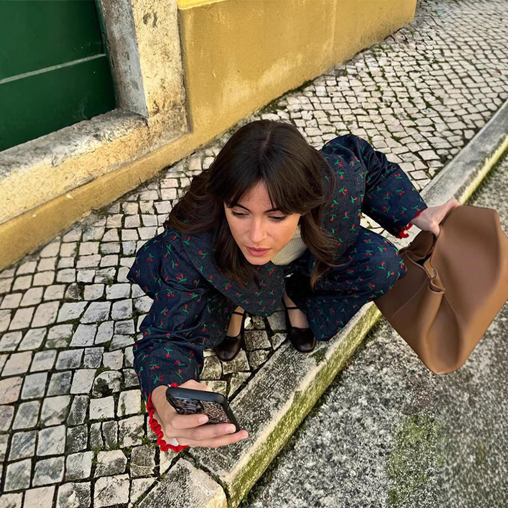 Damen lässige Blumenprint-Longpants mit elastischem Bund und seitlichen Taschen Fudus