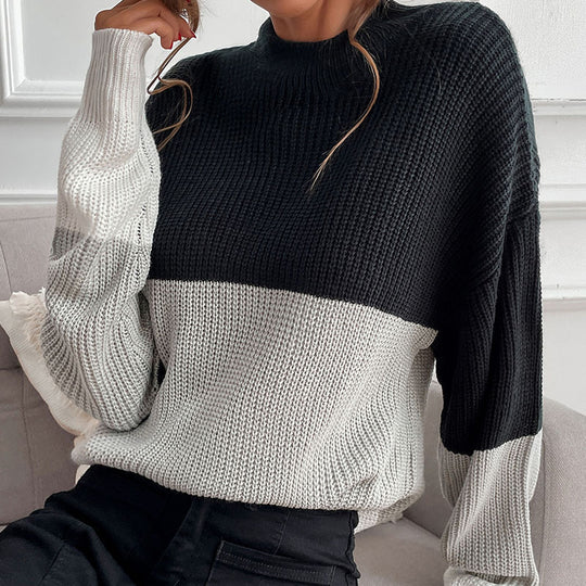 Damen Grobstrick Pullover mit innovativem Farbblockdesign Fudus