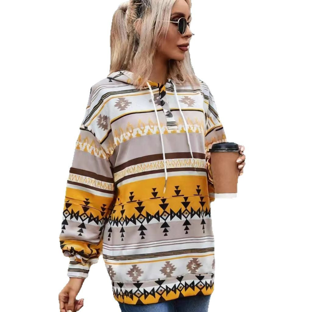Damen Kapuzenpullover mit kreativem Farbmuster und praktischen Knöpfen Fudus
