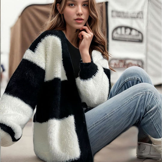 Damen Grobstrick Cardigan mit modischem Streifenmuster Fudus