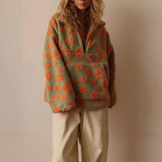 Damen kuschelige Oversized-Pullover mit floralem 3D-Design Fudus