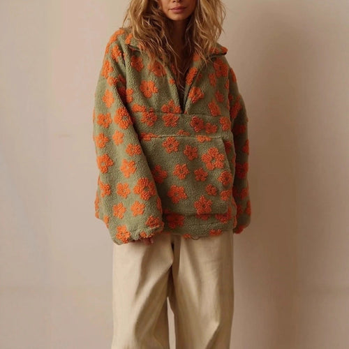 Damen kuschelige Oversized-Pullover mit floralem 3D-Design Fudus