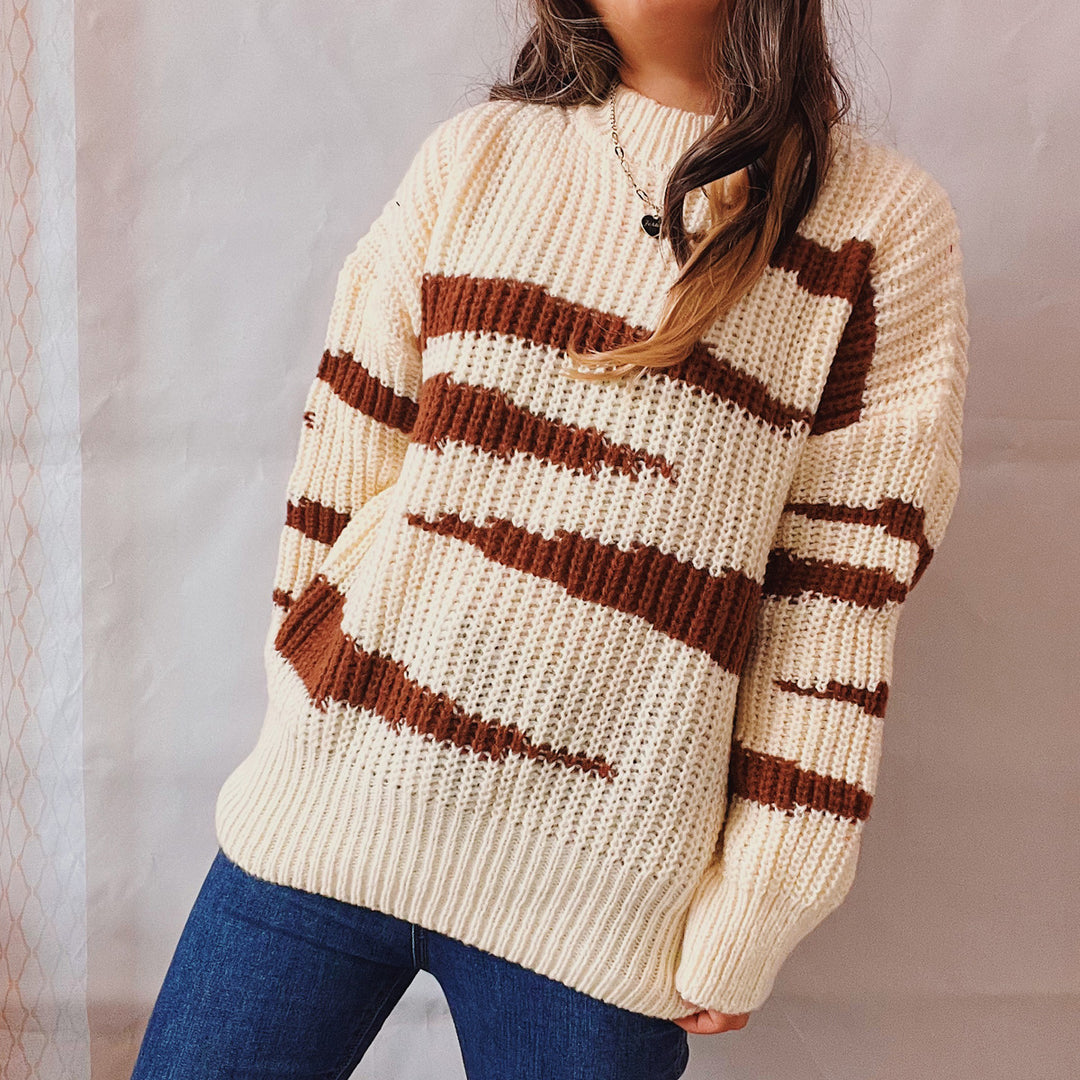 Damen Grobstrickpullover mit luxuriösem Muster und körperbetontem Schnitt Fudus