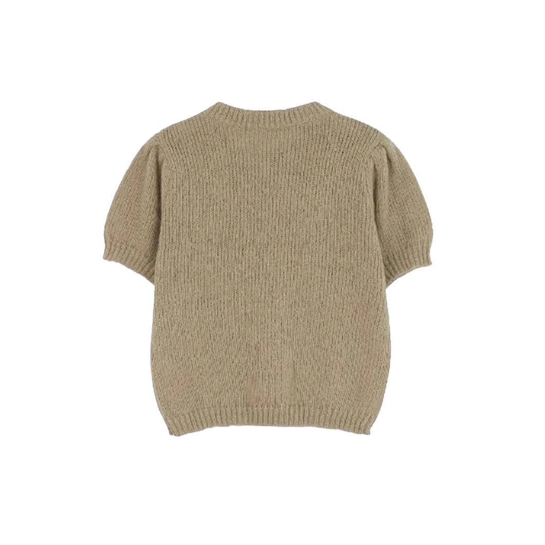 Damen kurzärmeliger Strickpullover mit Ballonärmeln und Rundhalsausschnitt Fudus