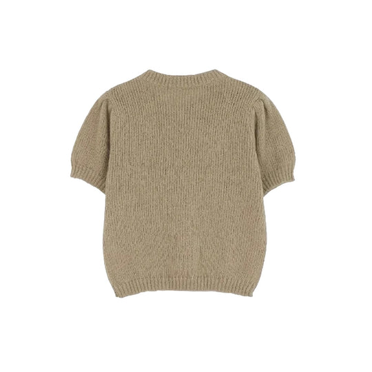 Damen kurzärmeliger Strickpullover mit Ballonärmeln und Rundhalsausschnitt Fudus