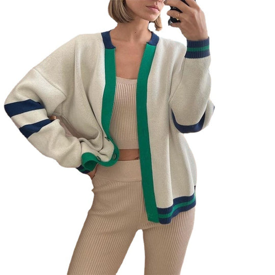 Damen Lässige Strickjacke mit Button-Down-Design und kontrastierenden Besätzen Fudus