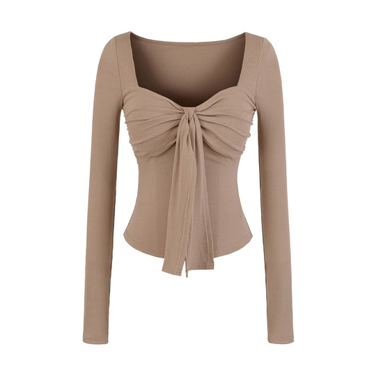 Damen langärmliges Oberteil mit dekorativem Knoten Fudus