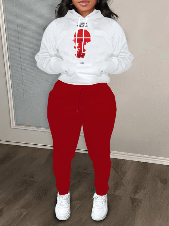 Damen Hoodie mit kreativem Druck und Jogginghose im urbanen Stil Fudus