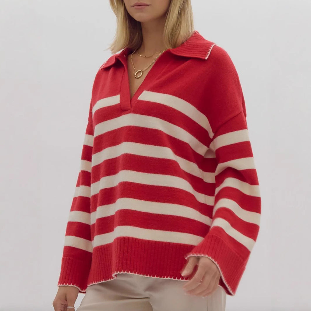 Damen kuschelige Strickpullover mit modernem Streifenmuster und V-Ausschnitt Fudus