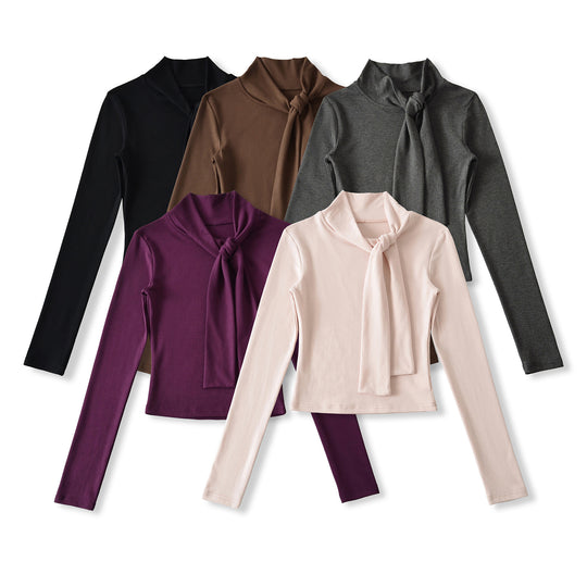 Damen Langarmshirt mit schickem Schlupfkragen und femininer Schleifenoptik Fudus