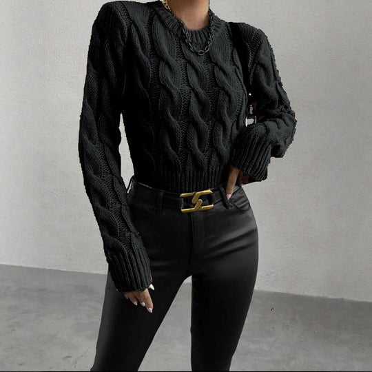 Damen Grobstrickpullover mit Zopf-Muster und hohem Kragen Fudus