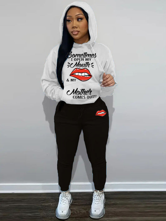Damen Hoodie und Jogginghose Set mit kreativem Lippenmotiv Fudus